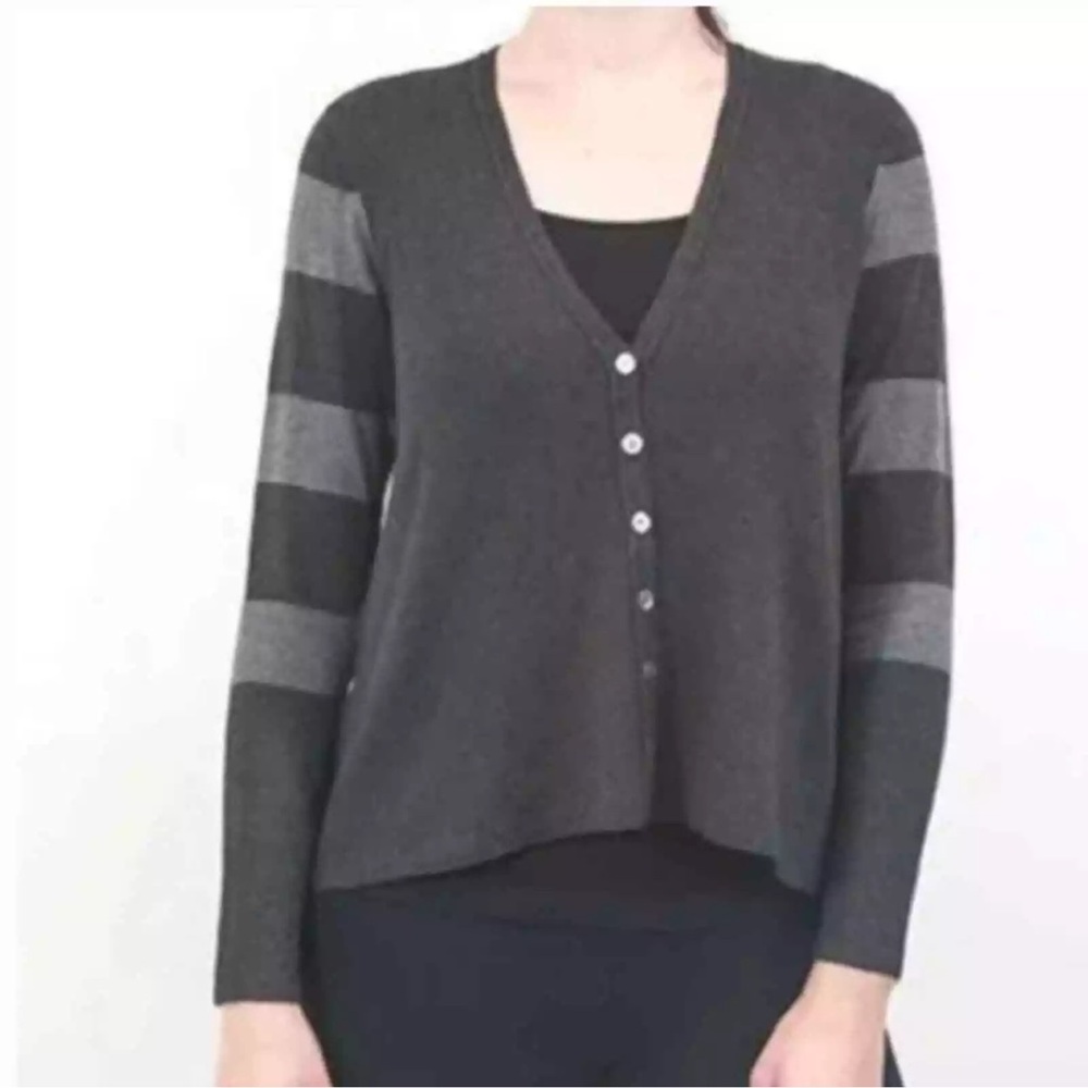EILEEN FISHER Cozy Soft Striped Charcoal and Light Gray Cardigan Sweater XS‎